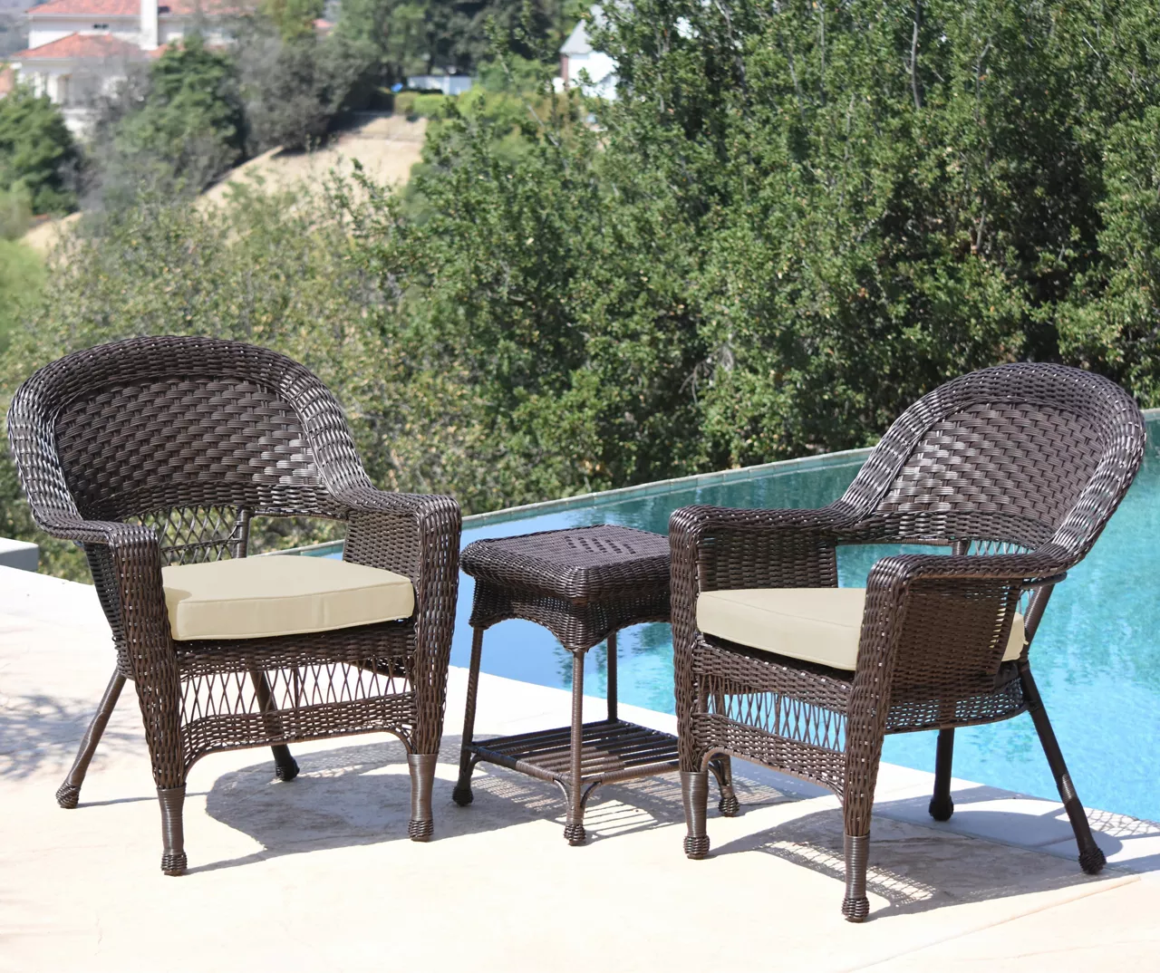 Espresso 3-Piece Cushioned Patio All-Weather Wicker Chat Set - Image 11