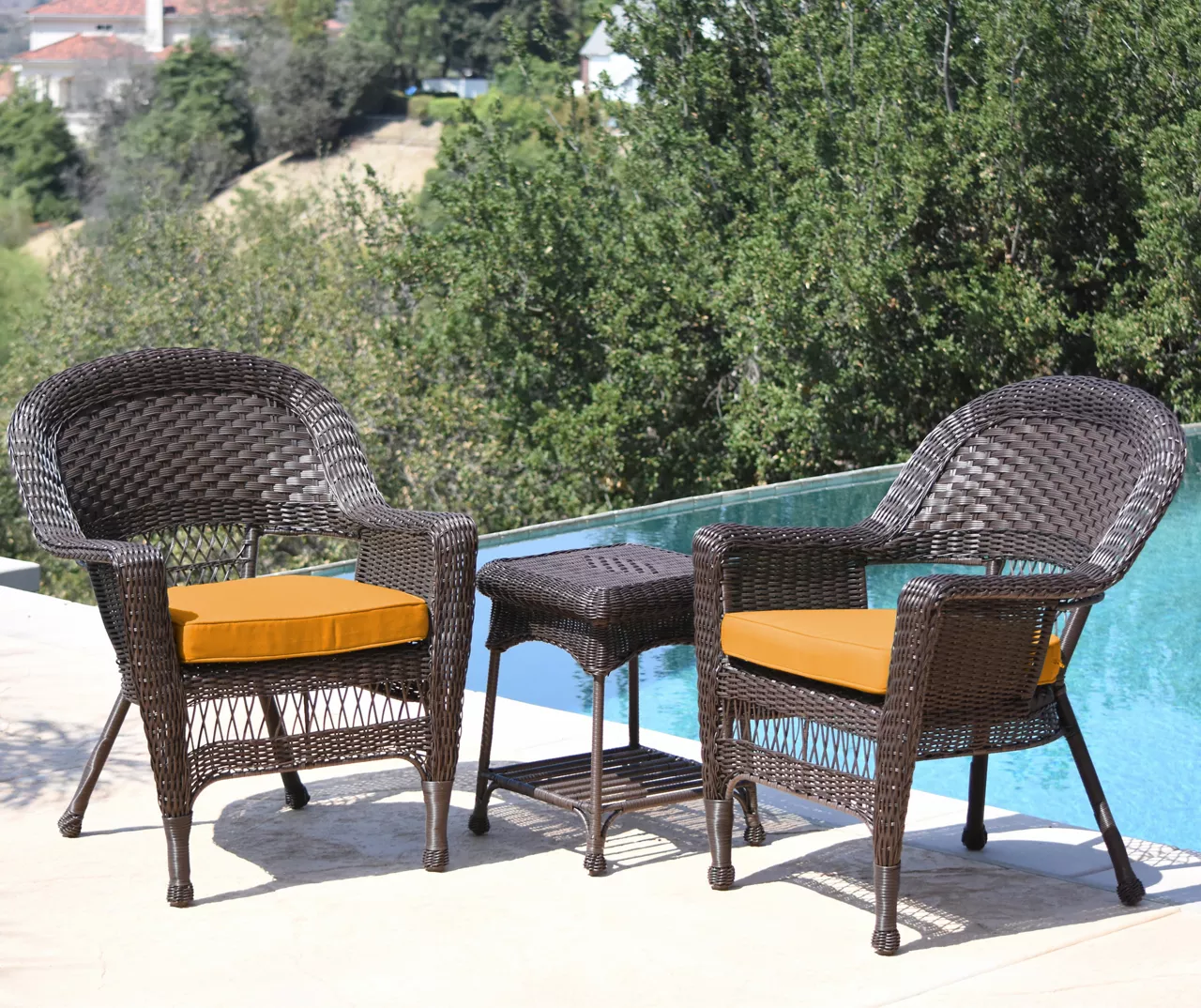 Espresso 3-Piece Cushioned Patio All-Weather Wicker Chat Set - Image 9