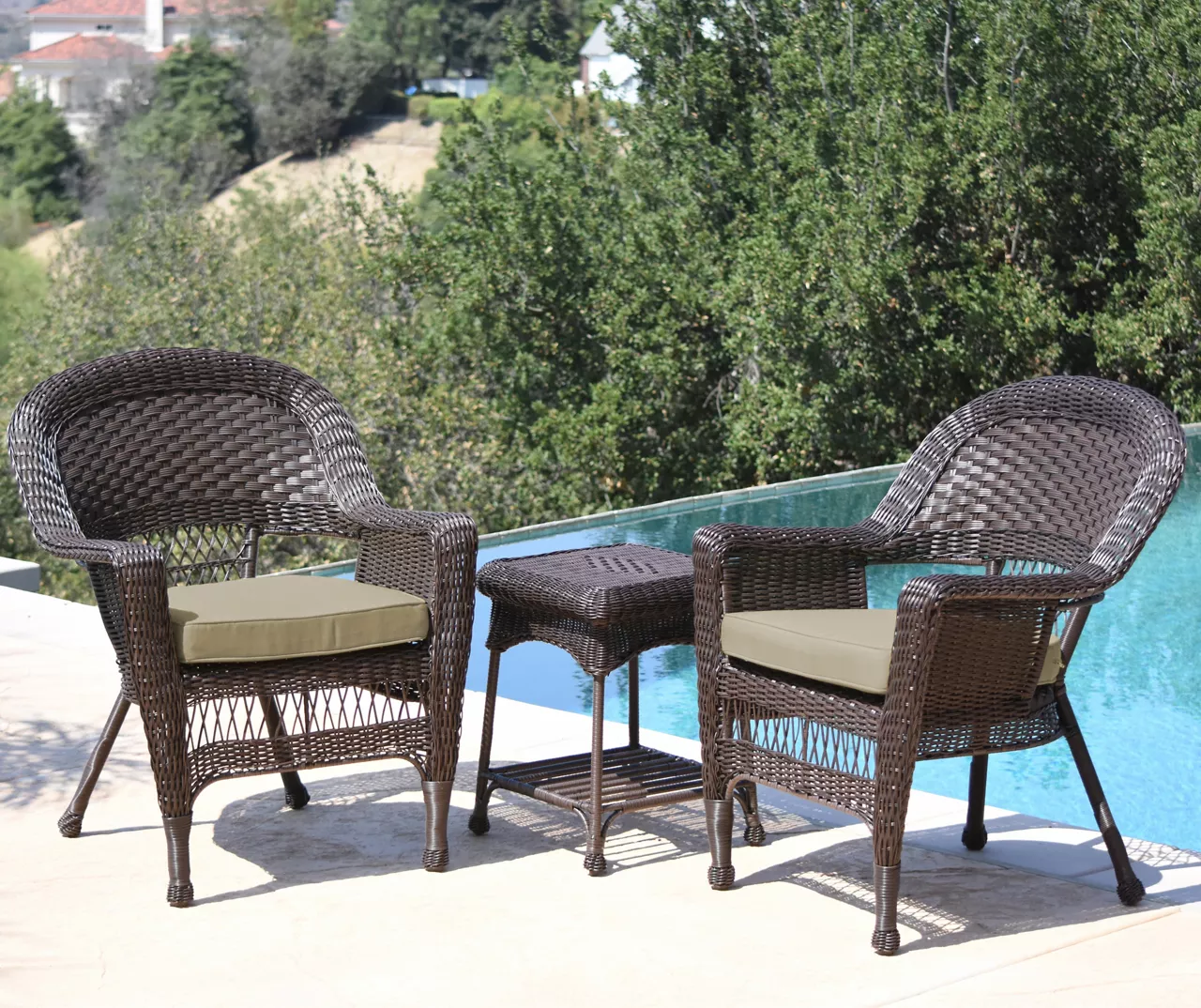 Espresso 3-Piece Cushioned Patio All-Weather Wicker Chat Set - Image 2