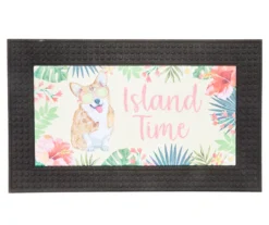 "Island Time" Beige & Pink Tropical Corgi Outdoor Doormat