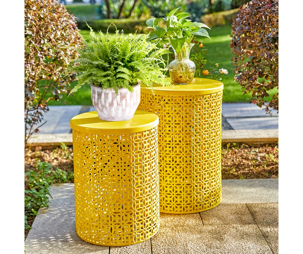 Yellow Cutout Pattern 2-Piece Metal Garden Table Set - Image 3